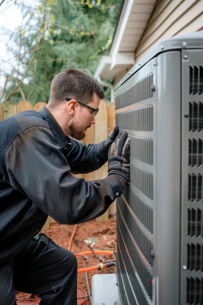 Troubleshooting Unusual HVAC Smells 2 A skilled technician carefully examining a modern HVAC unit in a pristine home setting