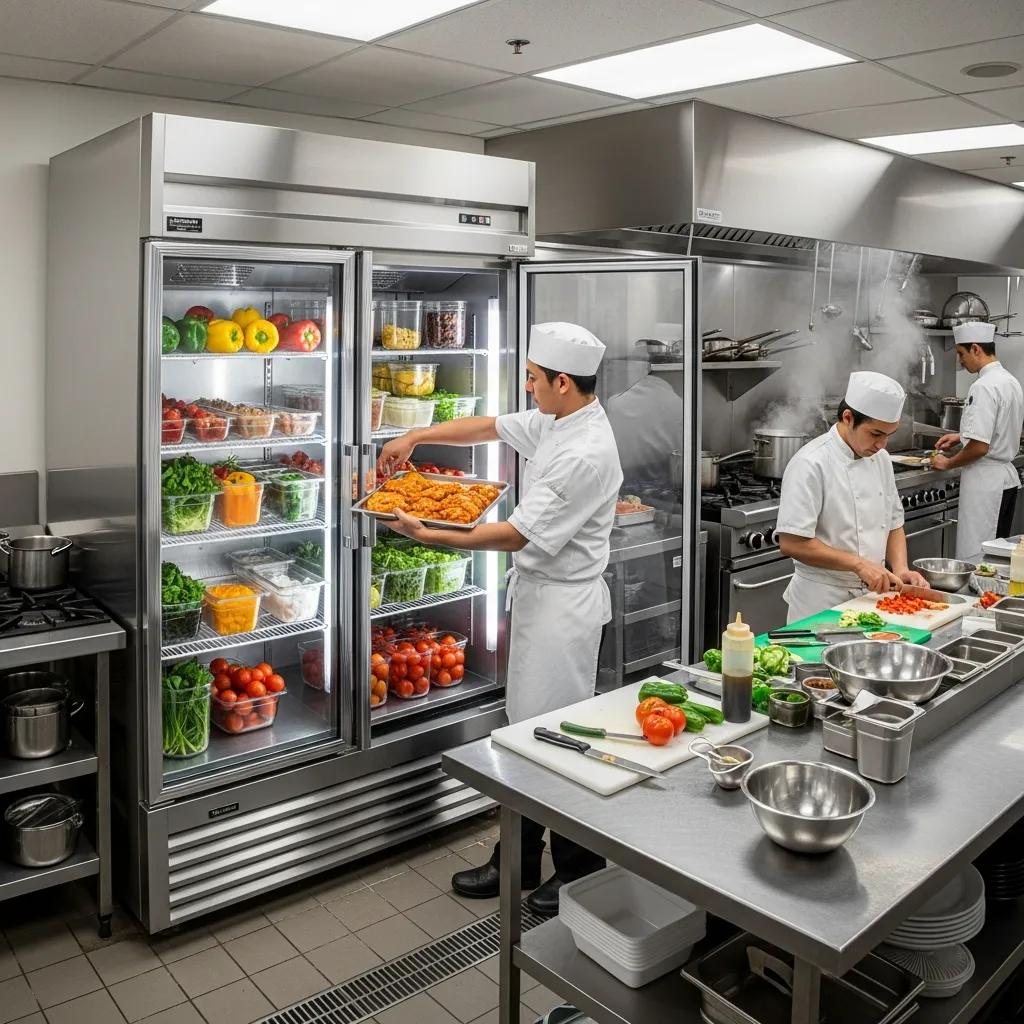 Expert Commercial Refrigeration Repair & Installation 2 Commercial refrigeration unit in a busy restaurant kitchen highlighting operational efficiency