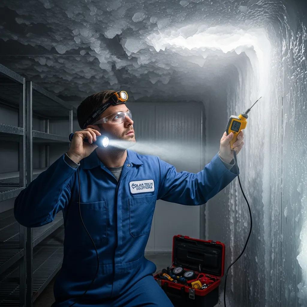 Technician inspecting a walk-in cooler for ice buildup and potential failures