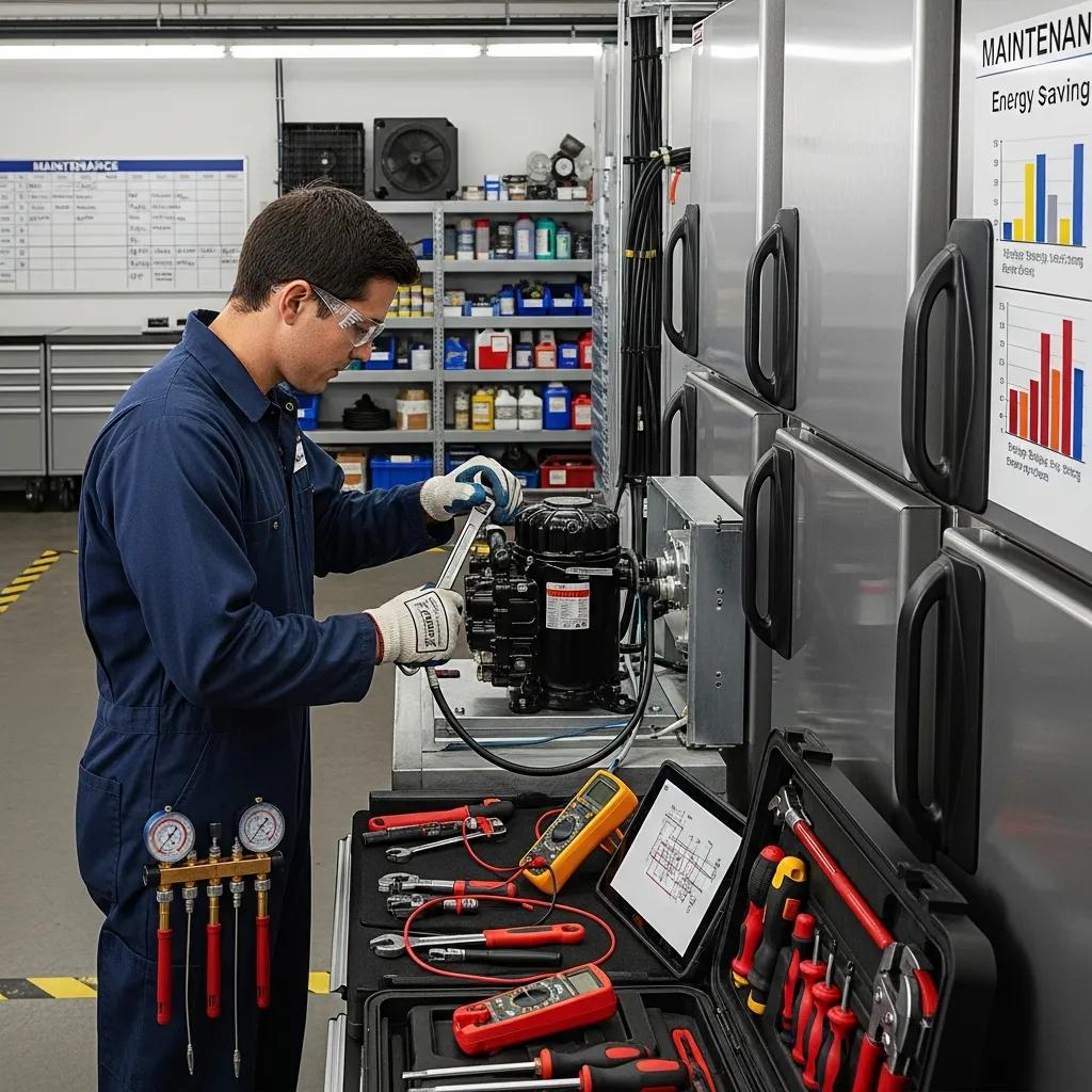 Technician performing maintenance on a commercial refrigeration system for energy efficiency